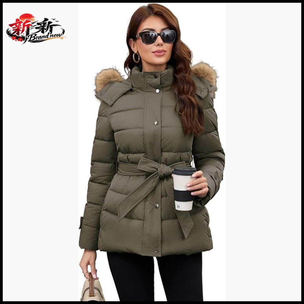 Belted Mid-Length Puffer Coat With Detachable Faux Fur Collar